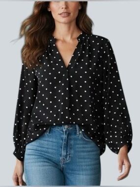 Philosophy Woman 1X Black/White Heart Print Chiffon Popover Balloon Sleeve Top